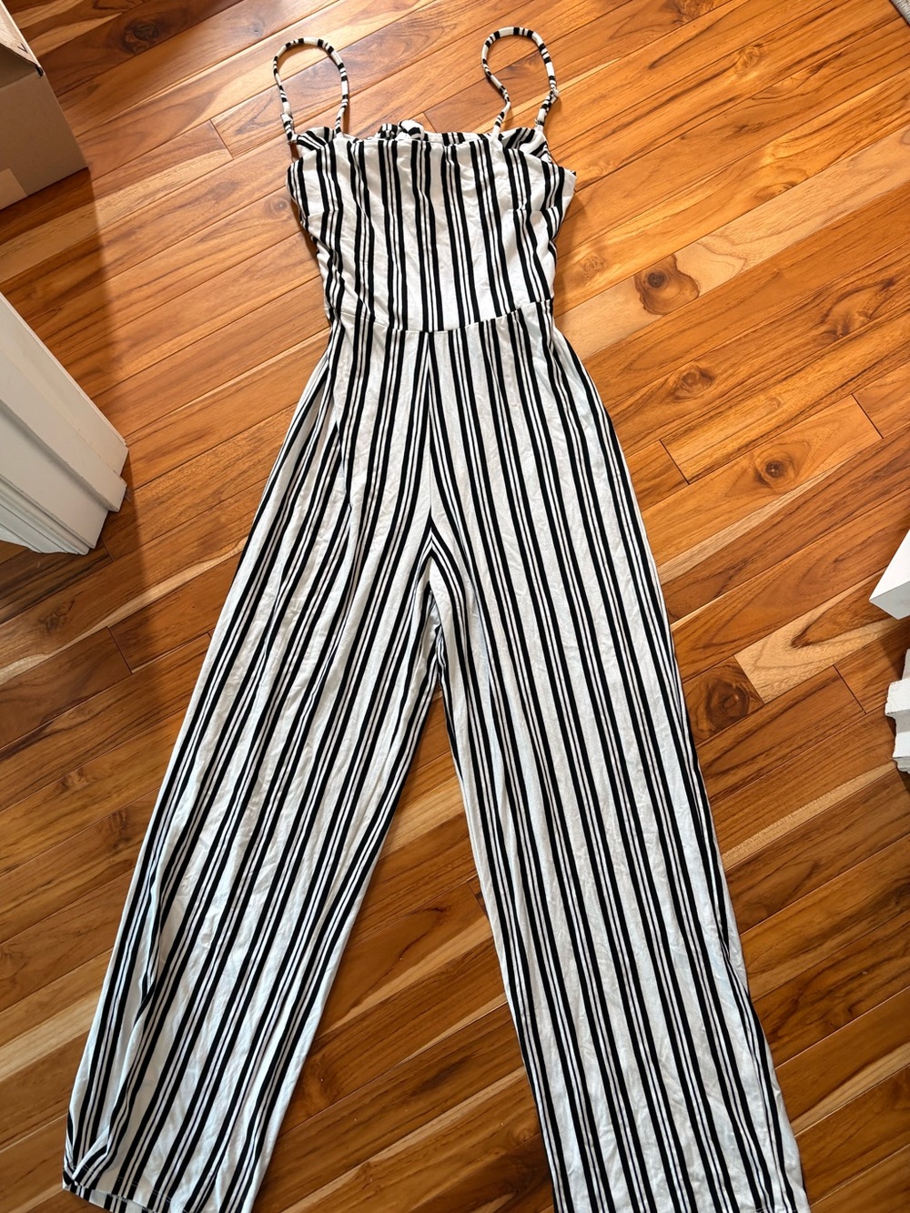 stradivarius Black & White Vertical-Stripe Wide-Leg Jumpsuit